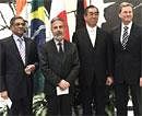 Foreign ministers, from left, S.M. Krishna of India, Antonio Patriota of Brazil, Takeaki Matsumoto of Japan, and Guido Westerwelle of Germany, pose for photographers before a news conference at the Indian Mission to the United Nations in New York on Friday. AP Photo