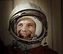 An undated portrait of the first man in space, Yuri Gagarin, part of an exhibition dedicated to the 50th anniversary of the first man in space, in Moscow. AP