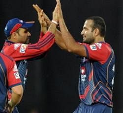 Delhi Daredevils' bowler Irfan Pathan (R) and Virendra Sehwag. AFP file photo