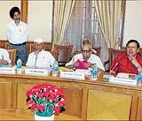 Clean-up mission: Lokpal Bill drafting committee member (from right) Santosh Hegde,  co-chairman Shanti Bhushan, Anna Hazare attend the first meeting of the panel at North Block in New Delhi on Saturday. PTI