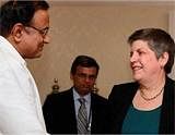 Home Minister P Chidambaram with US Homeland Secretary Janet Napolitano before a meeting in New Delhi. PTI pic