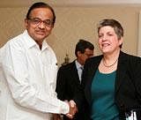 Home Minister P Chidambaram with US Secretary of Homeland Security Janet Napolitano before a meeting in New Delhi on Friday. PTI