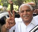 Chief Minister B S Yeddyurappa shows the victory sign after the the press meet on the occasion of three years completion of his Government, jointly organised by the Press Club and Reporters Guild, at Bangalore Press Club in Bangalore on Monday. Photo/ AB