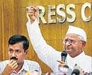 Civil society activists Anna Hazare and Arvind Kejriwal at a press conference in New Delhi on Thursday. PTI
