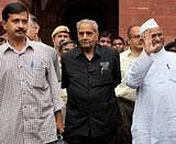 Civil society activists Anna Hazare, Arvind Kejriwal and Shanti Bhushan. PTI