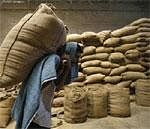 A labourer carries a sack of wheat inside a grain-sorting unit at Sanand in Gujarat April 7, 2011. Reuters File Photo