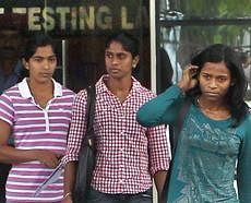 Athletes Jauna Murmu, Sini Jose and Tiana Mary Thomas coming out of National Dope Testing Laboratory (NDTL) in New Delhi on Wednesday. PTI