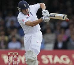 England's Kevin Pietersen, hits a ball from the bowling of India's Ishant Sharma during the second day of the first Test at Lord's Cricket ground in London, Friday, July, 22, 2011. AP Photo