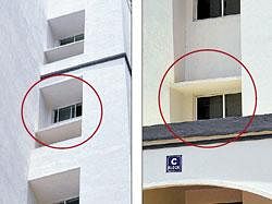 The toddler fell from the ninth floor of the apartment in JP Nagar (left) and landed on the roof of the portico of the same building (right)  after slipping from his mothers arms.