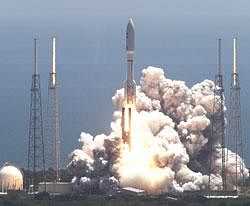 An Atlas V rocket with the Juno spacecraft lifts off from Space Launch Complex-41 in Cape Canaveral, Fla. on Friday. NASA launched the spacecraft atop an unmanned rocket that blasted into a clear midday sky as scientists cheered and yelled "Go Juno!" It was the first step in Juno's 1.7 billion-mile voyage to the gas giant Jupiter, just two planets away but altogether different from Earth and next-door neighbor Mars. AP Photo