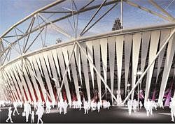 In this artist's rendering provided by Dow Chemical Thursday, Aug. 4, 2011, an innovative wraparound curtain encircling the Olympic Stadium for the 2012 Games is seen. AP