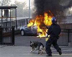 A policeman and his dog walk towards a burning car in central Birmingham, central England on Tuesday. Reuters