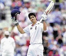 Red Hot: England's Alastair Cook celebrates after completing his century against India in the third Test at Edgbaston on Thursday. AFP