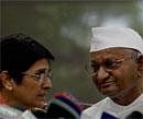 Social activist Anna Hazare and Kiran Bedi addressing a press conference in New Delhi on Sunday. PTI