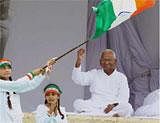 Anna Hazare during 6th day of his fast against corruption at Ramlila ground in New Delhi on Sunday. PTI Photo
