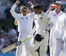 India's Rahul Dravid leaves the field after a review declares him out in their fourth test match against England, at The Oval cricket ground in London, AP Photo