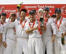 England's captain Andrew Strauss and his team celebrate winning the series after winning in their fourth test match against India, at The Oval cricket ground in London AP Photo