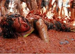 A reveler lies in tomato pulp during the annual "Tomatina" tomato fight fiesta in the village of Bunol, near Valencia, Spain, Wednesday, Aug. 31, 2011. Bunol's town hall estimated more than 40,000 people, some from as far away as Japan and Australia, took up arms Wednesday and pelted each other with 120 tons of ripe tomatoes in the yearly food fight known as the 'Tomatina' now in its 66th year. AP Photo