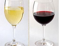 Wine glasses of white (left) and red wine (right) - Wiki Photo