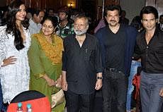 Bollywood actors Shahid Kapoor, Anil Kapoor, Pankaj Kapoor, Supriya Pathak and Sonam Kapoor at an event to celebrate the success of the music of 'Mausam' in Mumbai on Thursday. PTI