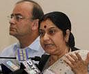 Senior BJP leaders Sushma Swaraj and Arun Jaitley  during a press conference in New Delhi on Friday. PTI