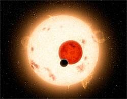 This image provided by NASA shows an artist's depiction showing a discovery by NASA's Kepler mission of a world where two suns set over the horizon instead of just one. AP photo/NASA