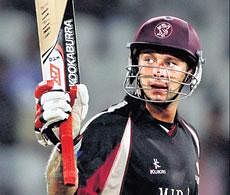 Somersets Peter Trego celebrates after scoring a half-century against Kolkata Knight Riders in their Champions League match on Tuesday. AP