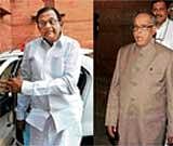 In this combo picture, Union Home Minister P Chidambaram (left) arrives at his office after meeting Congress President Sonia Gandhi and Union Finance Minister Pranab Mukherjee leaves his office to meet Sonia in New Delhi on Monday. PTI