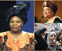 Nobel Peace winners: (left) Liberian peace activist Leymah Gbowee, right top - Ellen Johnson Sirleaf, right bottom - Yemeni activist Tawakkul Karman. Photos: AP