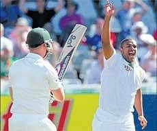 Falling like nine pins: South Africas Vernon Philander celebrates after picking up  Australian Brad Haddins wicket in the first Test at Newlands on Thursday. Reuters