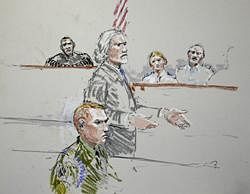 U.S. Army Staff Sgt. Calvin Gibbs, seated at lower left, is shown in this courtroom sketch as his attorney Phil Stackhouse stands at center, and military Judge Lt. Col. Kwasi Hawks listens, at top left, in this Oct. 31, 2011 file image. A military jury sentenced an Afghan war veteran to life in prison Thursday Nov. 10, 2011 after the Army staff sergeant was convicted of murder, conspiracy and other charges in the deaths of civilians, in one of the most gruesome cases to emerge from the conflict. (AP)