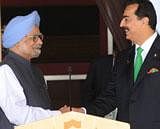 Indian Prime Minister Manmohan Singh shakes hands with Pakistani Prime Minister Syed Yusuf Raza Gilani during a press conference at the 17th South Asian Association for Regional Cooperation (SAARC) summit. AFP