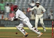 West Indies player Darren Bravo bats during the first day of the third test cricket match against India in Mumbai, India, Tuesday, Nov. 22, 2011.(AP Photo