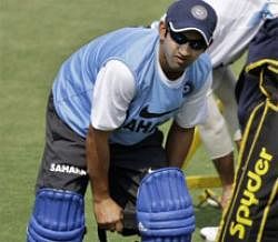 India's Gautam Gambhir pads up for a practice session prior to the first one day international cricket match against West Indies in Cuttack, India, Monday. AP Photo