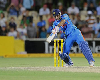 India's M.S. Dhoni bats against Sri Lanka during their One Day International series cricket match in Adelaide, Australia, Tuesday, Feb. 14, 2012. AP