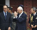 Italian Foreign Ministry Undersecretary Staffan De Mistura, center, greets policemen after meeting two Italian marines of Italian cargo vessel, the Enrica Lexie, who are kept in police custody for allegedly shooting two Indian fishermen to death, in Kochi on Thursday. AP