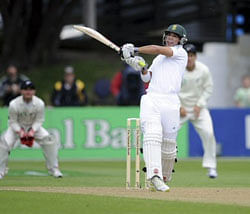 South Africa's JP Duminy plays a shot against New Zealand on the first day of their third international cricket test match at Basin Reserve in Wellington, New Zealand, on Friday. AP