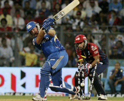 Richard Levi of Mumbai Indians is bowled out by Shahbaz Nadeem of Delhi Daredevils during their Indian Premier League (IPL) cricket match in Mumbai, India, Monday, April 16, 2012. AP