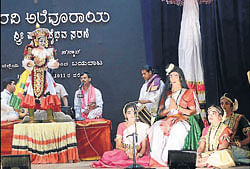 Students of Sarayu Bala Yaksha Vrinda stage Yakshagana performances in a programme organised in the year 2011.