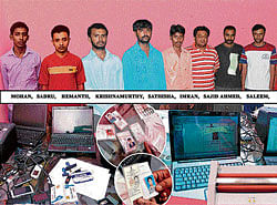 Counterfeit: Seals and computers used to create fake voter ID cards, which were seized in&#8200;Bangalore. (Below) The racketeers who were arrested.