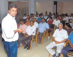 on different pitch: Cricketer Javagal Srinath interacts with parents of boys selected to RC-KSCA Academy in Mysore recently. dh photo