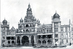 History: A painting of the Amba Vilas Palace by Balu K Sadalge in 1912 published in Mysore&#8200;Palace Celebrating a Century 2012 brought out by Ramsons  Kala Pratishtana.