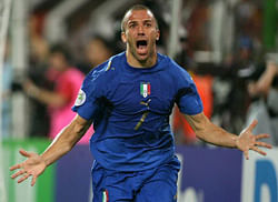 Italy's Alessandro Del Piero celebrating after scoring his side's second goal during the extra time of the semifinal World Cup soccer match between Germany and Italy in Dortmund, Germany, Tuesday, July 4, 2006. Italy won the match 2-0 after extra time. On Thursday, June 28, 2012 both team face each other again in the second Euro 2012 soccer championship semifinal match. AP