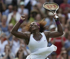 Serena Williams of the U.S. celebrates after defeating Victoria Azarenka of Belarus in their women's semi-final tennis match at the Wimbledon tennis championships in London July 5, 2012. Reuters image