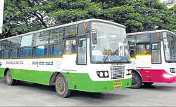 City buses parked at KSRTC bus stand in Mandya. dh photo