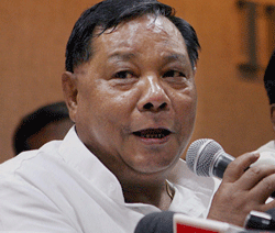 Presidential candidate PA Sangma addresses a press meet during his election campaign in Mumbai on Tuesday. PTI