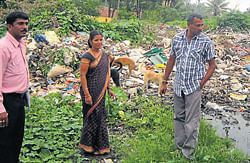 Gram panchayat president Rekha Sridhar inspects garbage dumped in front of Ponnampet court near Gonikoppa. DH&#8200;Photo