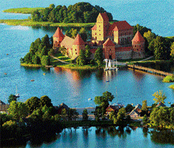 medieval An aerial view of Trakai Castle in Lithuania.