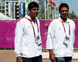 London: Indian tennis players Mahesh Bhupathi & Rohan Bopanna at Olympic Games Village in London on Sunday. PTI