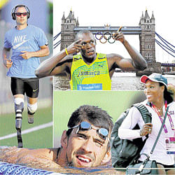 stars to watch: Clockwise: Oscar Pistorious, Usain Bolt, Serena Williams and Michael Phelps will be the main attractions of the London Olympics. AFP/Ap/Reuters